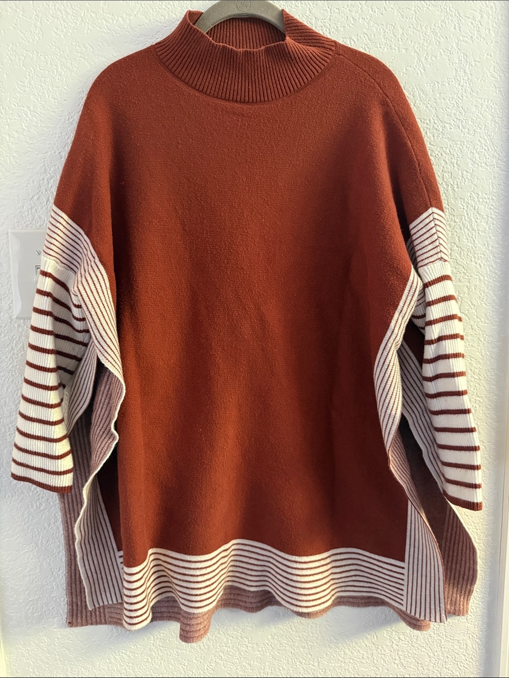 Chicwish Rust and Cream Striped Sleeve Turtleneck Poncho